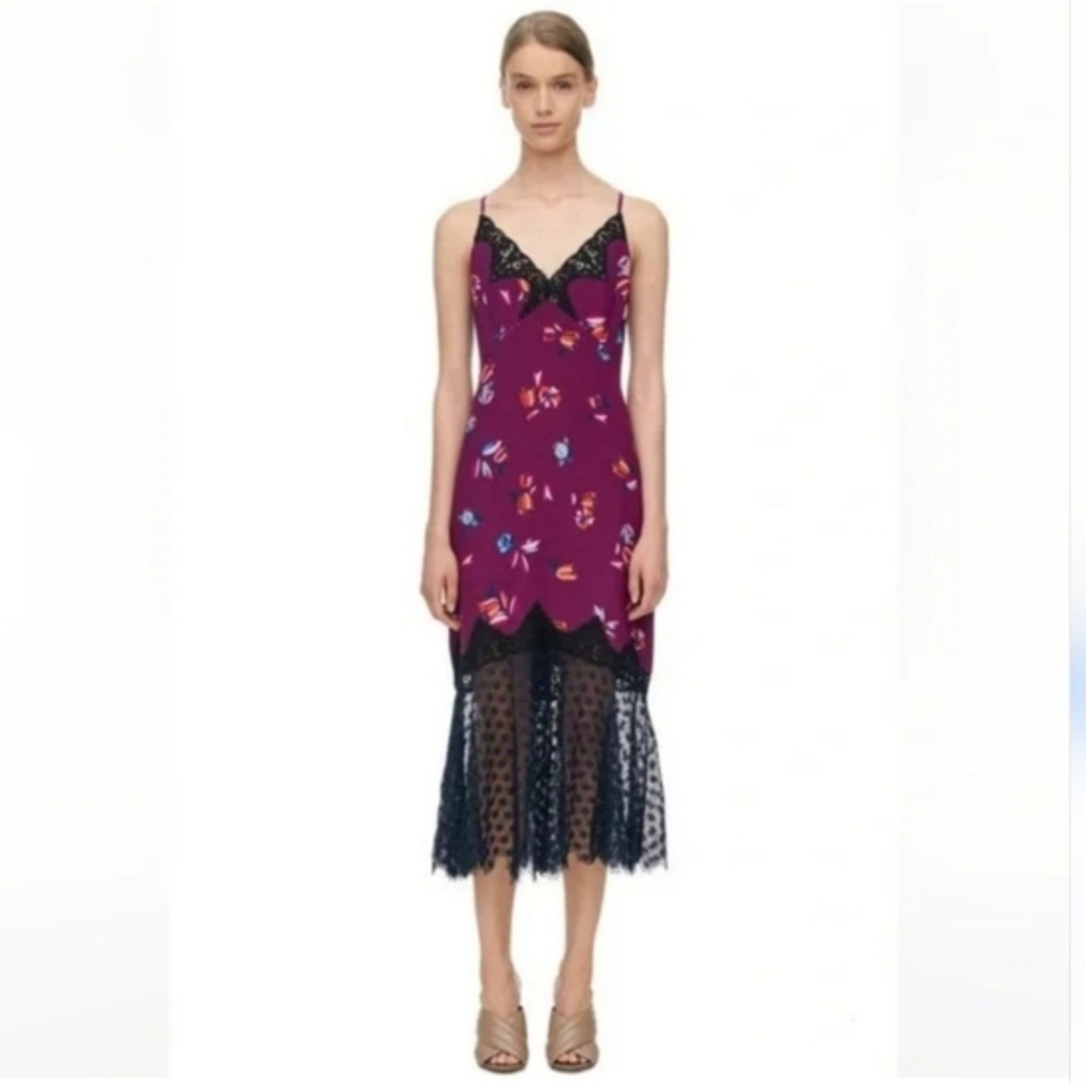 Rebecca‎ Taylor NWT Bellflower Lace Floral Midi Silk Slip Dress in Purple Size 4